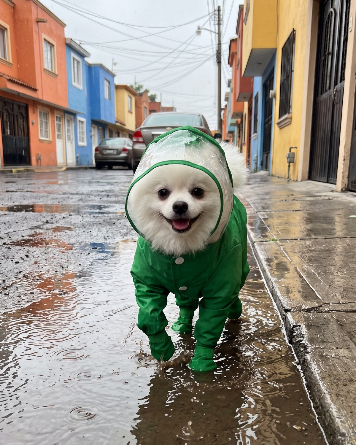 Perro con impermeable verde Aurbia caminando en la lluvia
