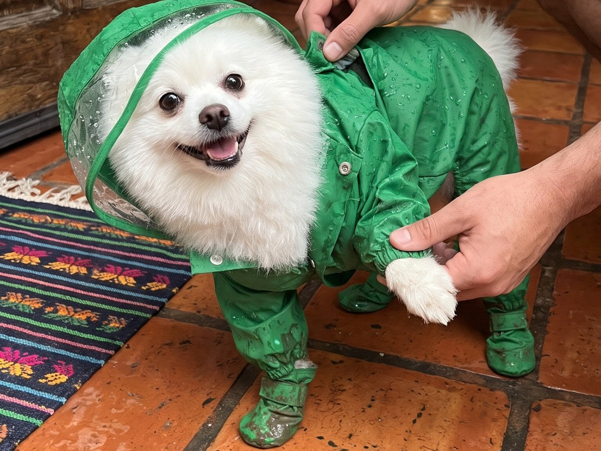 Perro limpio y seco al quitarle el impermeable